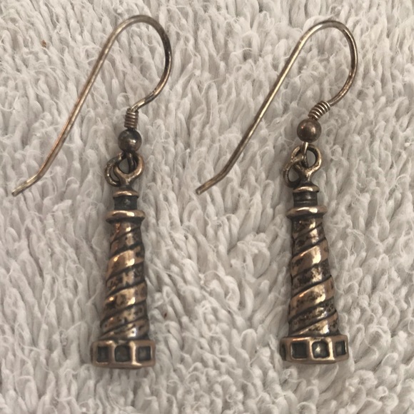 Pierced Earrings Lighthouse Light House Gold-tone Striped J Hook Beach Themed - Picture 1 of 7